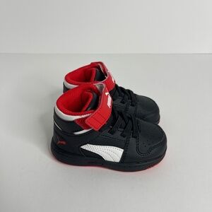 Puma Rebound Layup Mid Top Hook & Loop Sneaker Shoe Black Red White Kids Size 5C
